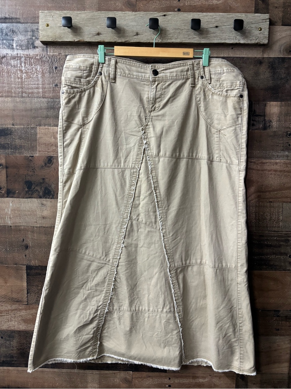 Maurices Khaki A-Line Maxi Skirt with Frayed Panel Detail